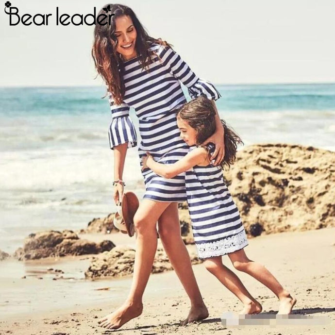 Bear Leader Striped Dress 2018 Spring Family Matching Outfits Mother And Daughter striped dress O Collar lace dresses