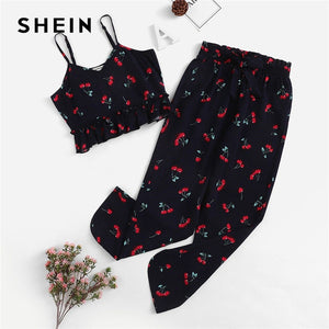 SHEIN Matching Family Outfits Girls Cherry Print Frill Cami And Pants Set Summer Sleeveless V Neck Crop Top And Pant Nightwear